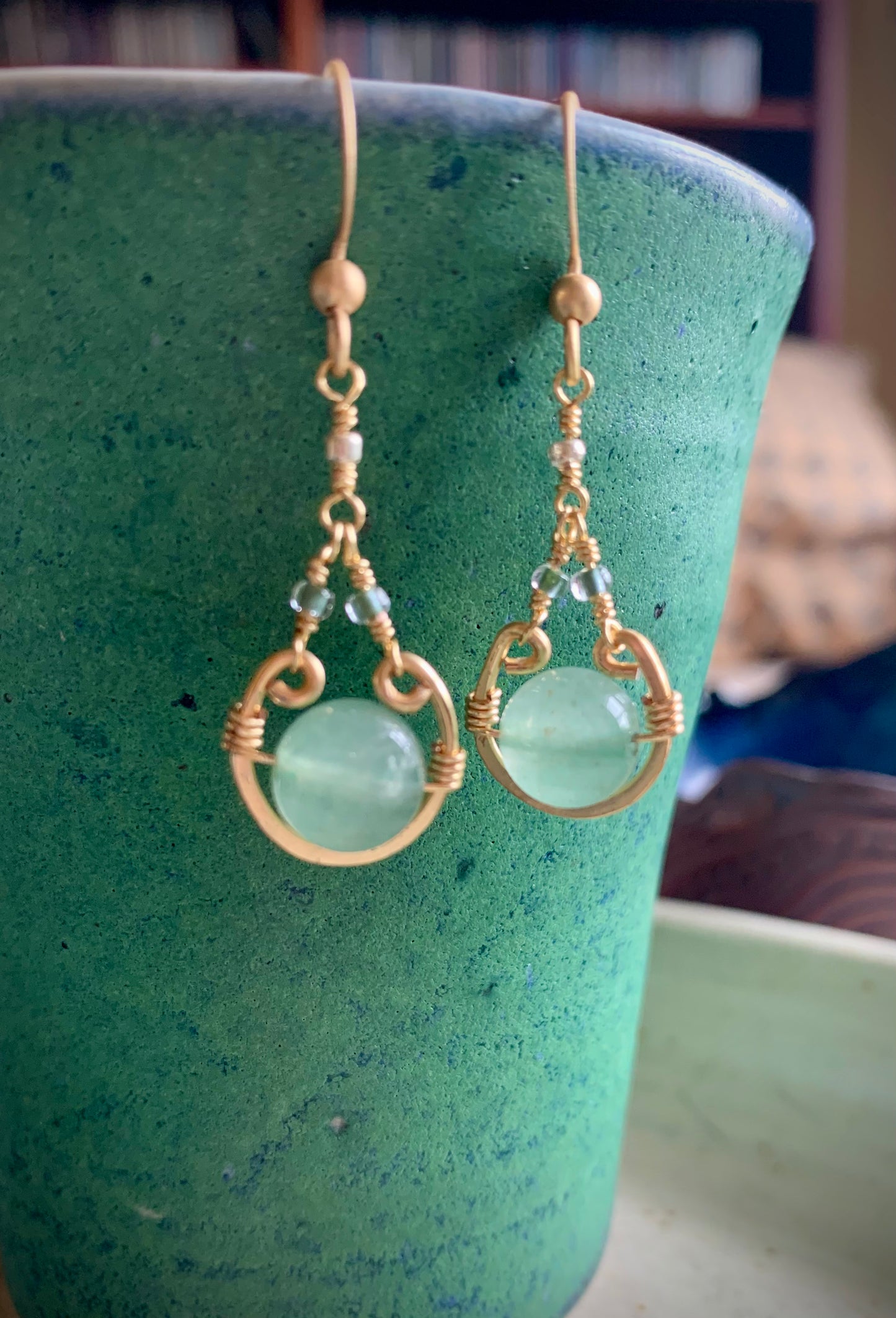 Unica Earrings - Gold Wirework with Faceted Aqua Chalcedony