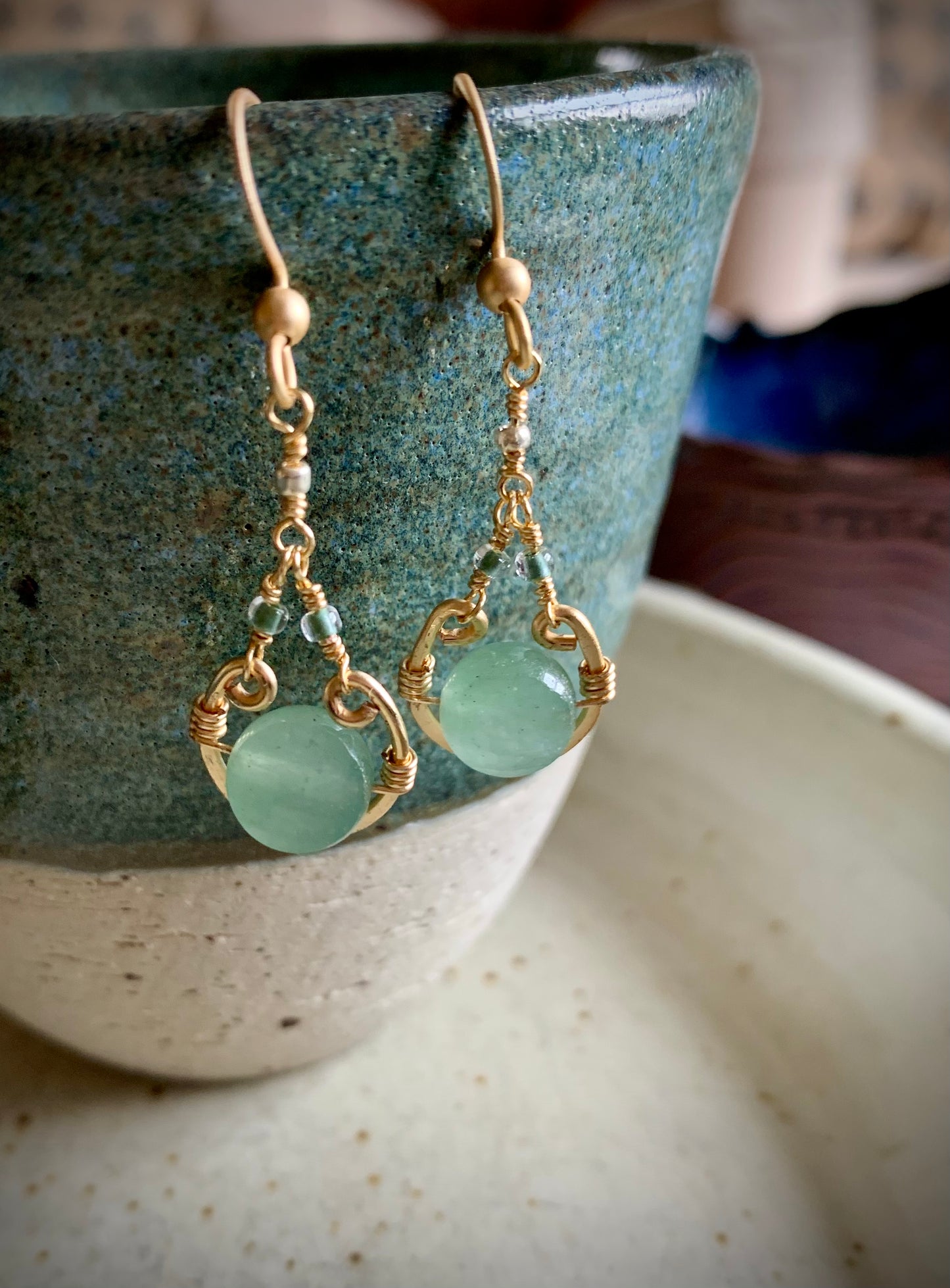 Unica Earrings - Gold Wirework with Faceted Aqua Chalcedony