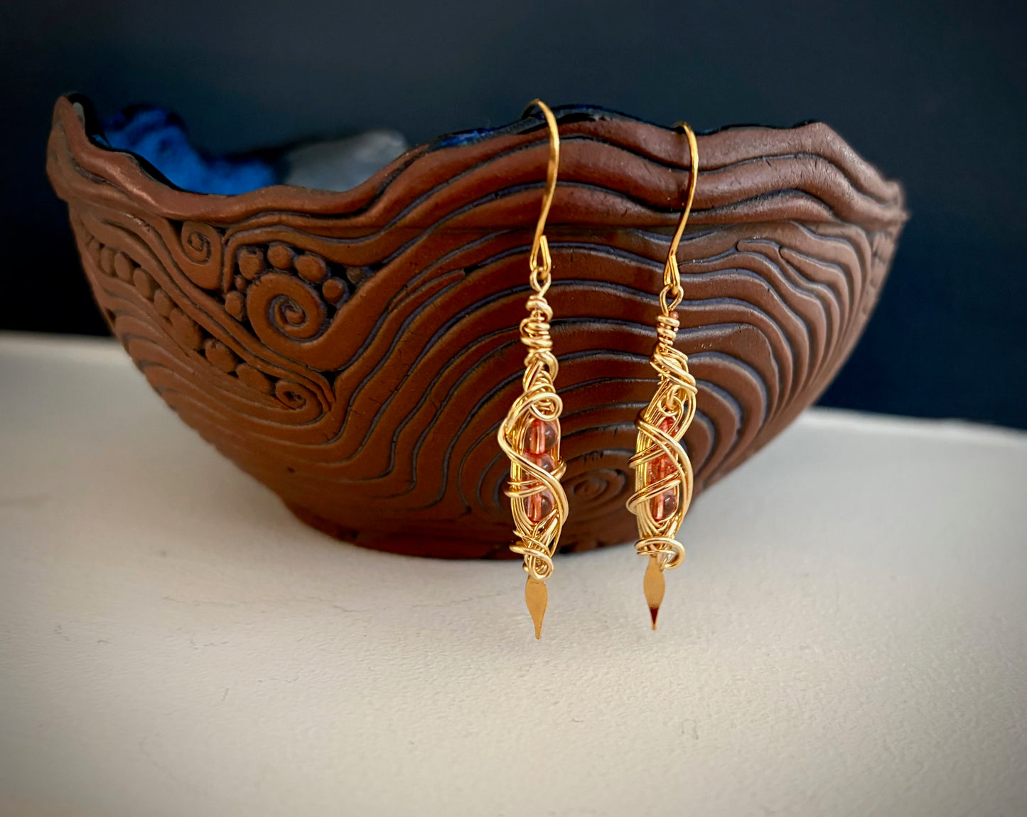 Hesperia Earrings - Gold Wire Wrapped Pink Crystal