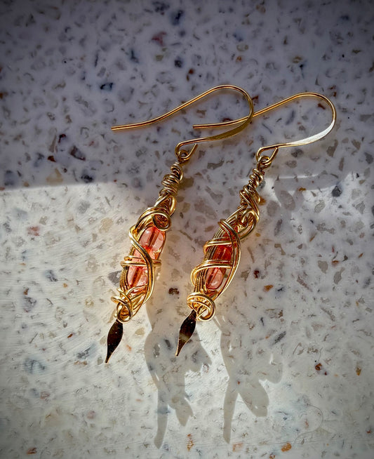 Hesperia Earrings - Gold Wire Wrapped Pink Crystal