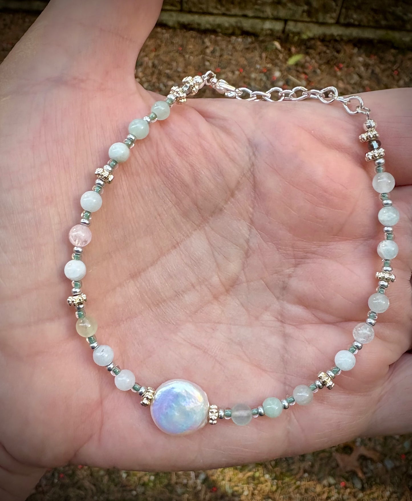 Enceladus Bracelet - Freshwater Coin Pearl with Amazonite and Fluorite