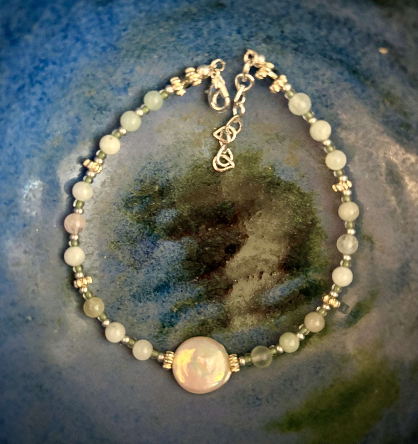 Enceladus Bracelet - Freshwater Coin Pearl with Amazonite and Fluorite