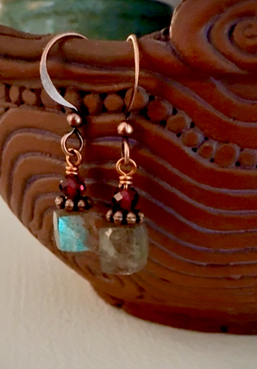 Valle Earrings - Labradorite and Garnet with Copper