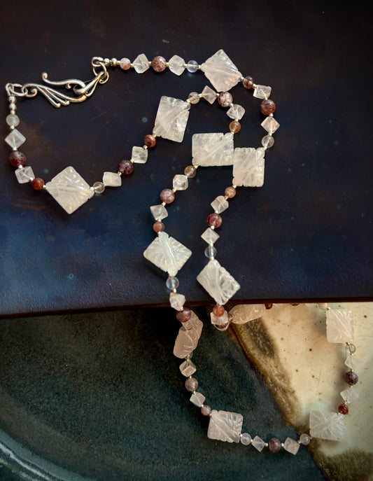 Ammis Necklace - Carved Rose Quartz, Cherry and Strawberry Quartz