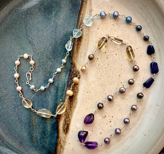 Ezna Necklace - Multicoloured Freshwater Pearl, Aquamarine, Lapiz Lazuli, Amethyst, Smoky Quartz, Citrine