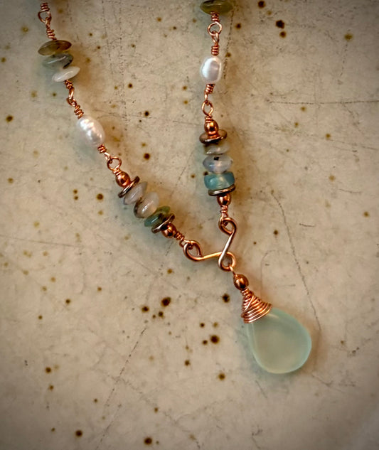 Tiara Necklace - Chalcedony, Pearl, and Amazonite on Wire Wrapped Copper