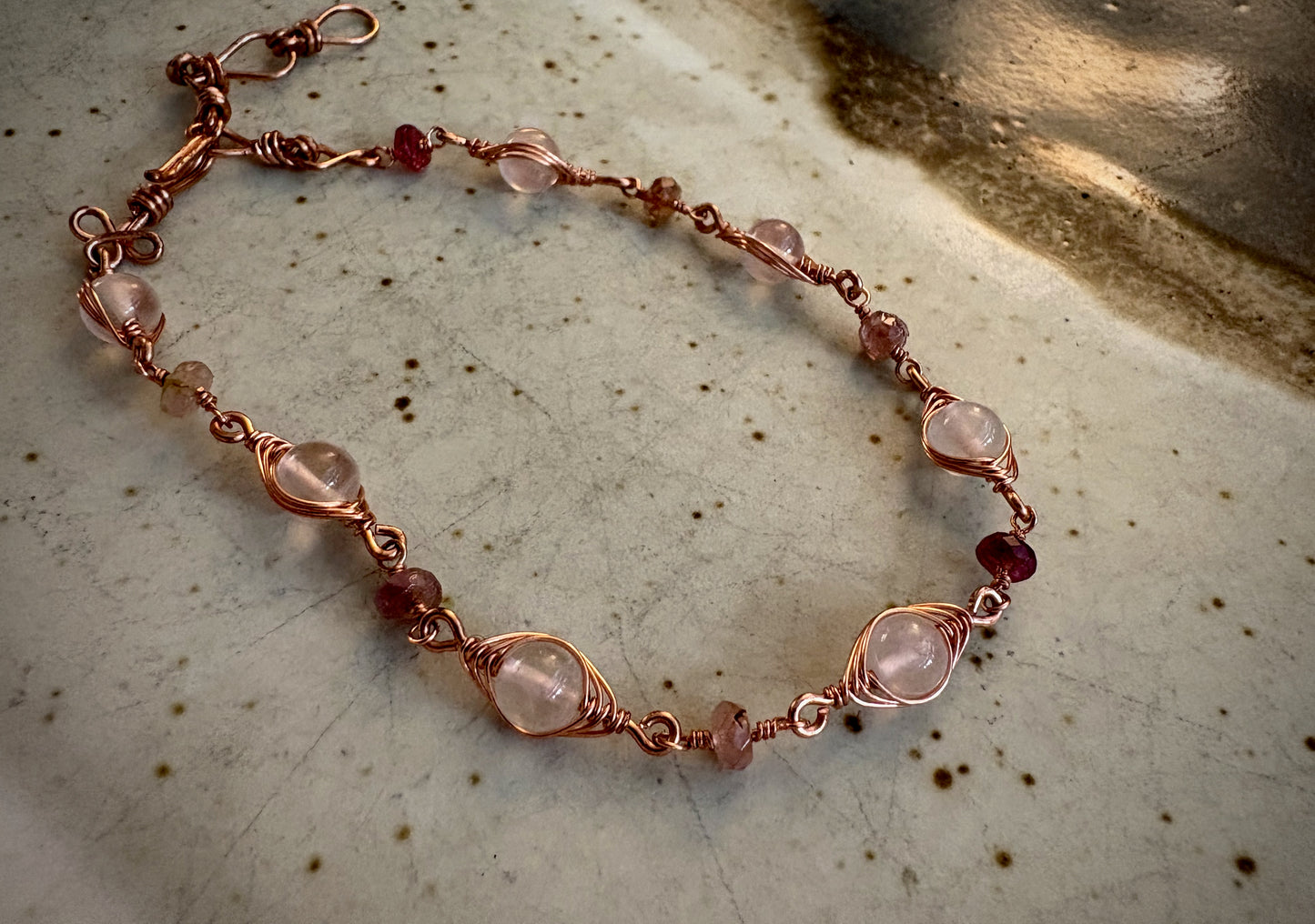 Illyra Bracelet - Copper Herringbone Wrapped Rose Quartz and Crystal