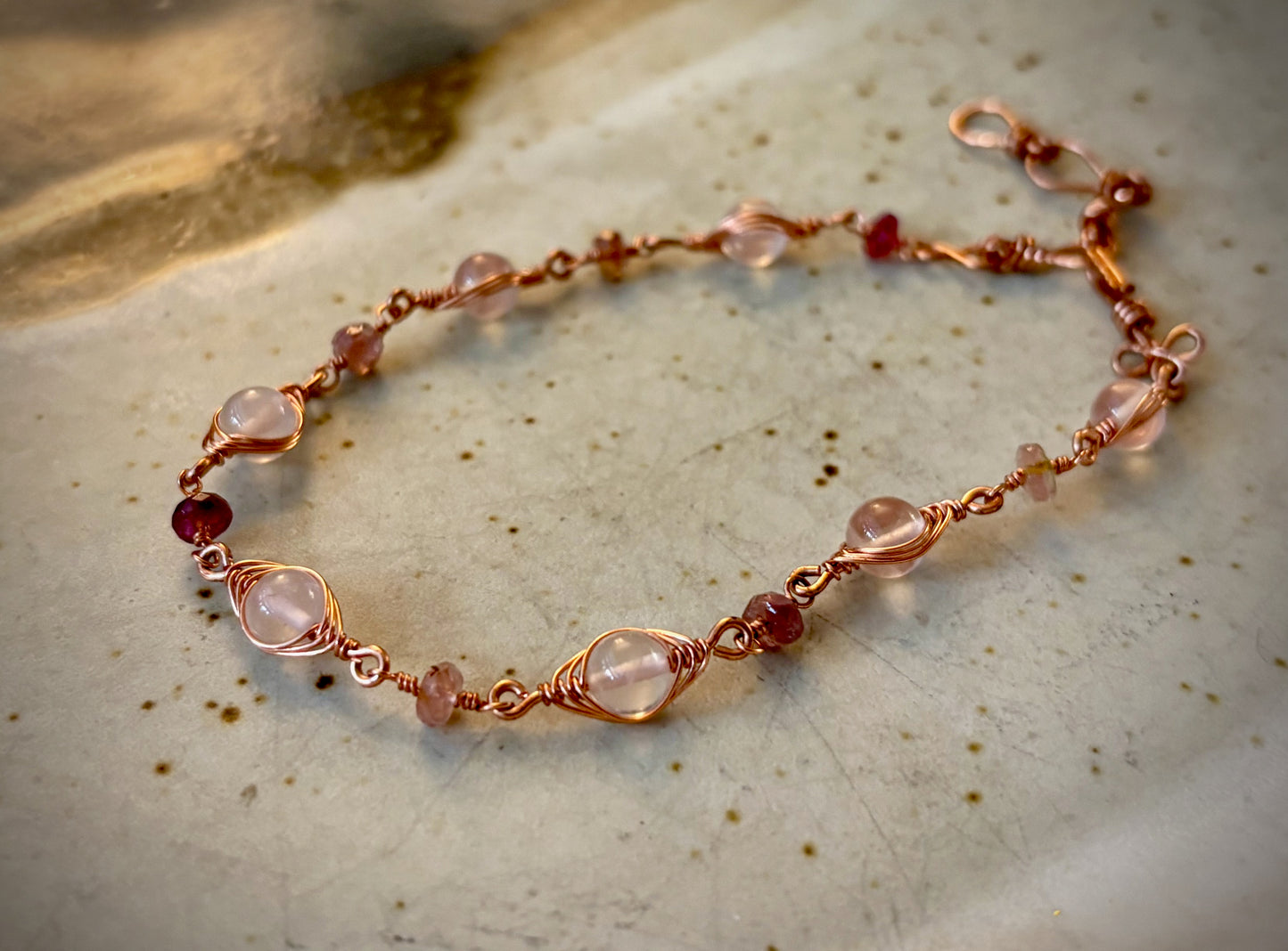 Illyra Bracelet - Copper Herringbone Wrapped Rose Quartz and Crystal