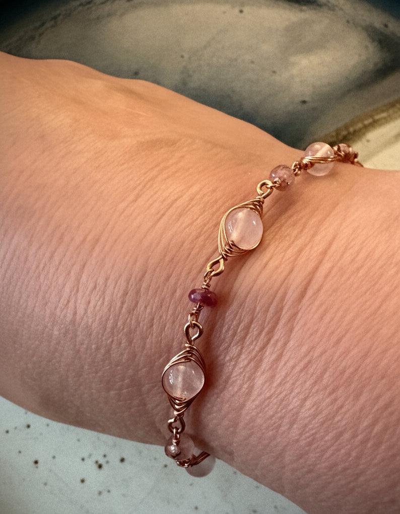 Illyra Bracelet - Copper Herringbone Wrapped Rose Quartz and Crystal