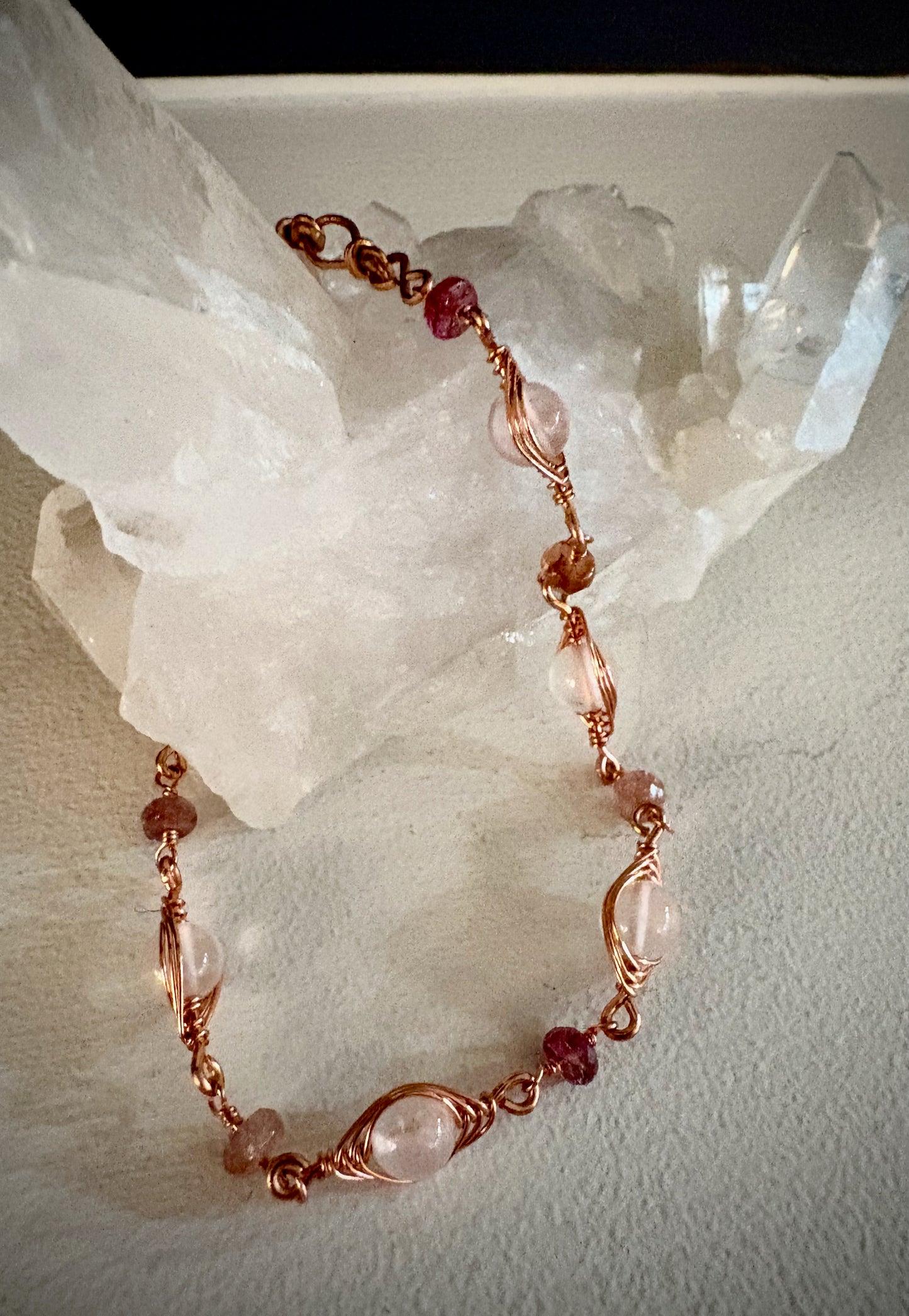 Illyra Bracelet - Copper Herringbone Wrapped Rose Quartz and Crystal