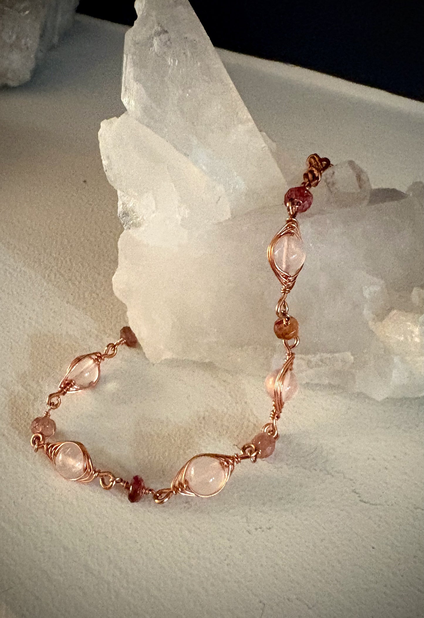 Illyra Bracelet - Copper Herringbone Wrapped Rose Quartz and Crystal