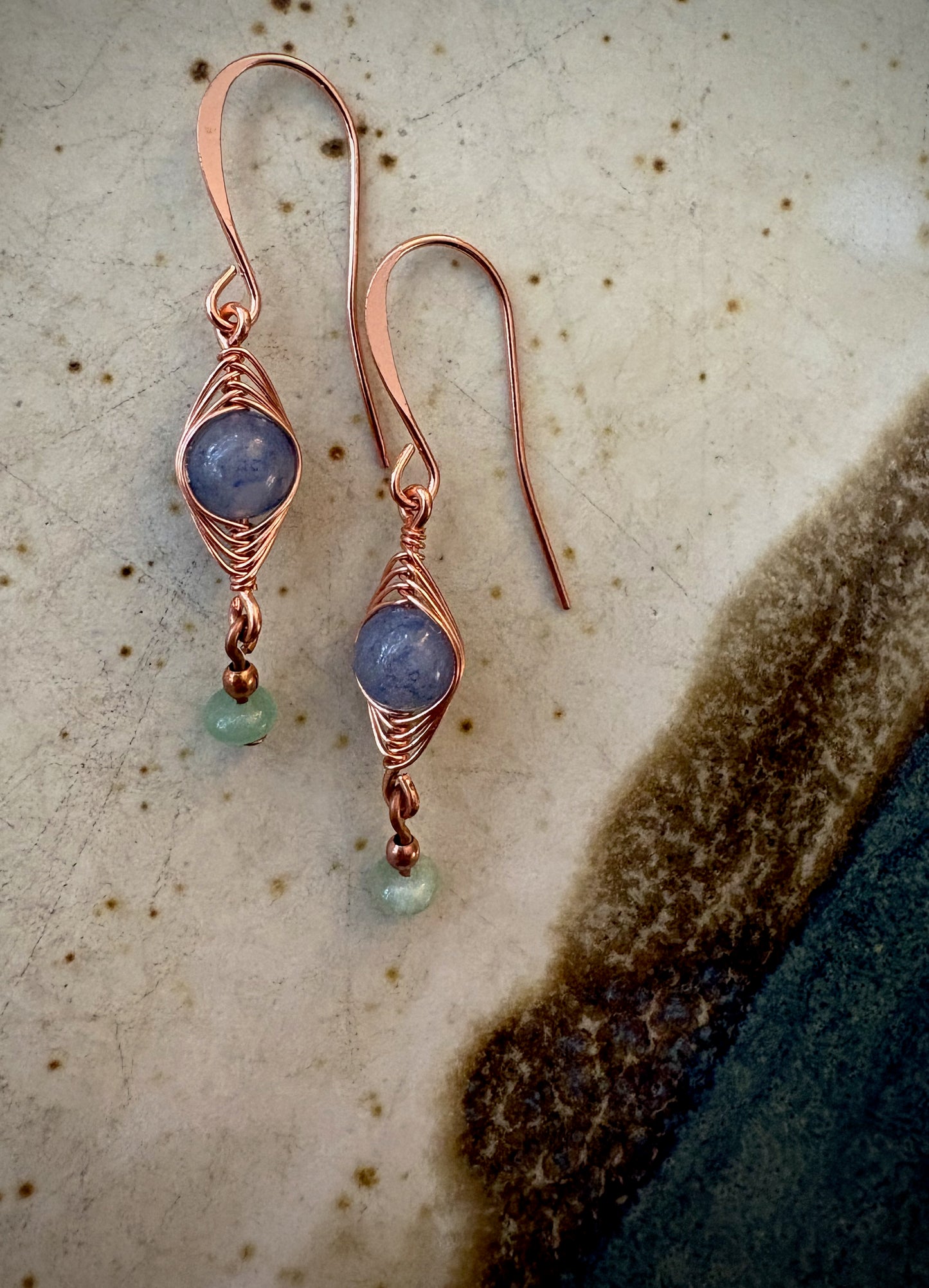 Renata Earrings - Copper Herringbone Wrapped Blue Aventurine and Amazonite