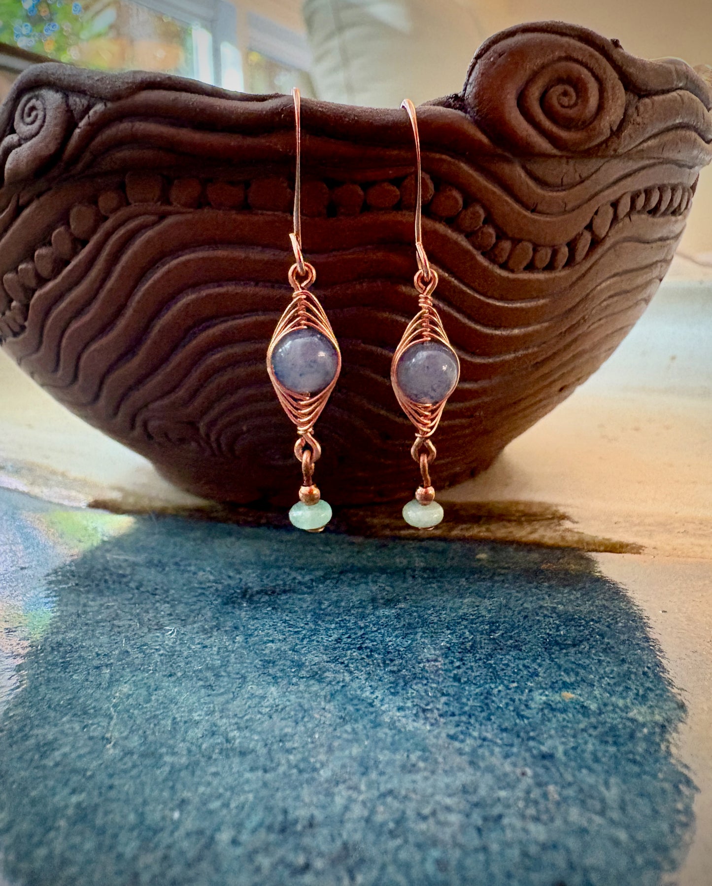 Renata Earrings - Copper Herringbone Wrapped Blue Aventurine and Amazonite