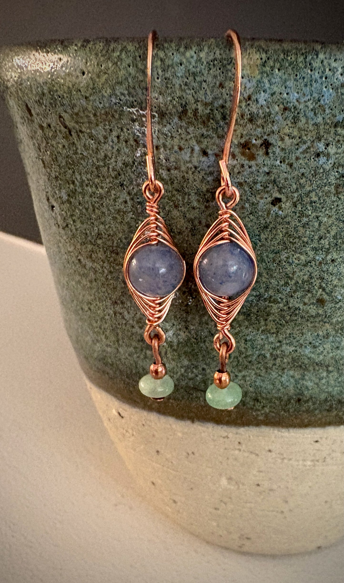 Renata Earrings - Copper Herringbone Wrapped Blue Aventurine and Amazonite