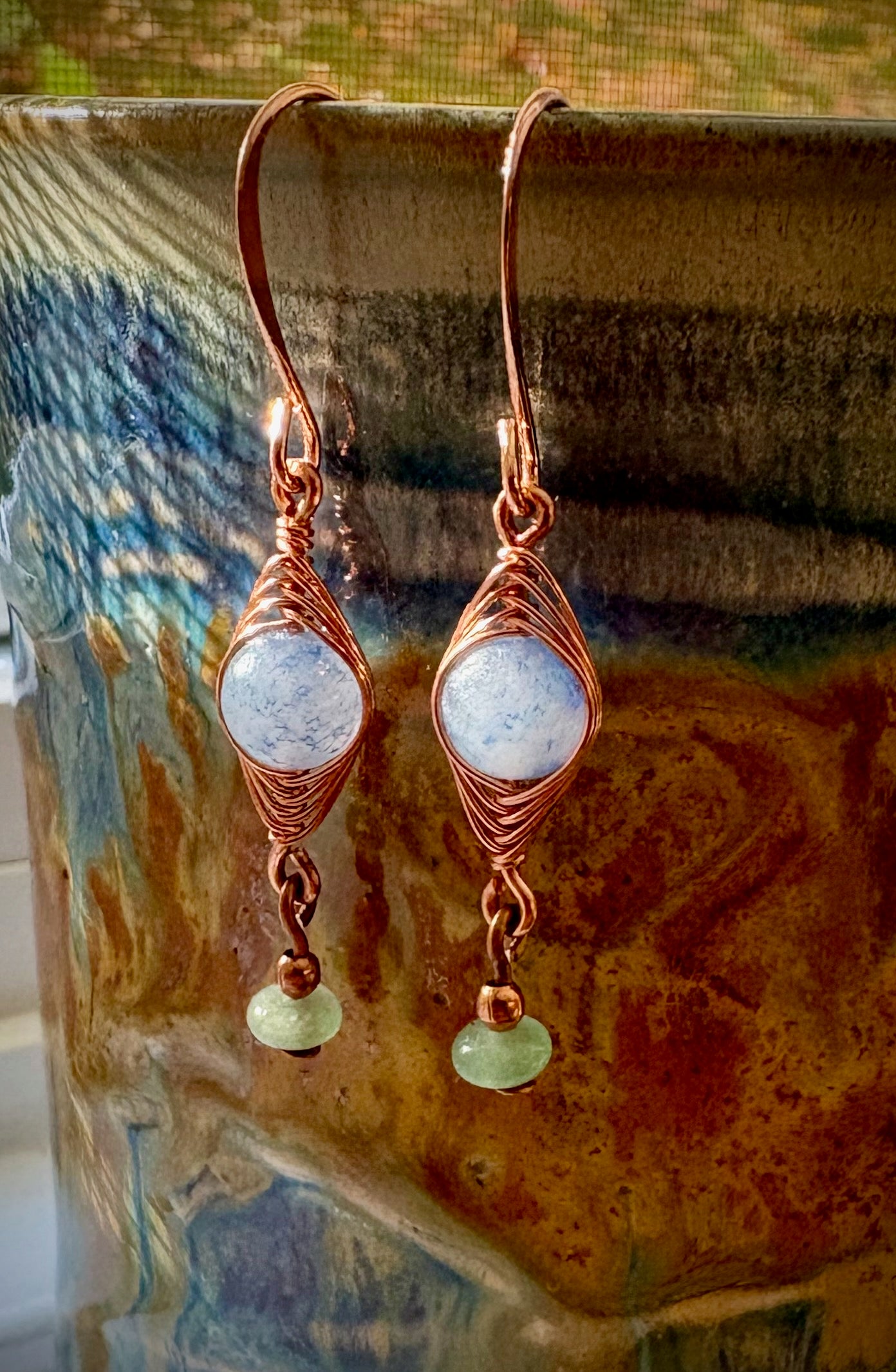 Renata Earrings - Copper Herringbone Wrapped Blue Aventurine and Amazonite