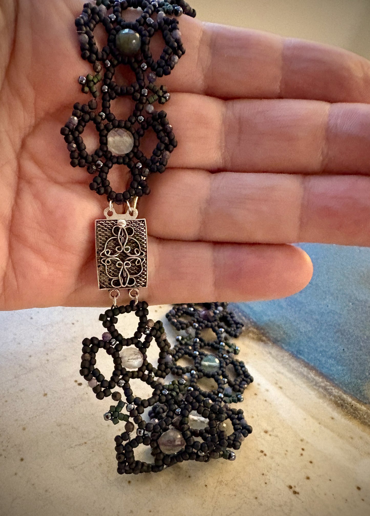 Roxelia Beadwork Choker Necklace - Fluorite and Sapphire