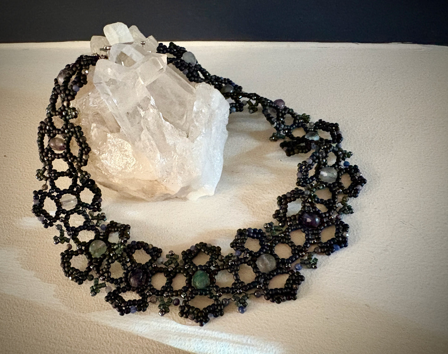 Roxelia Beadwork Choker Necklace - Fluorite and Sapphire