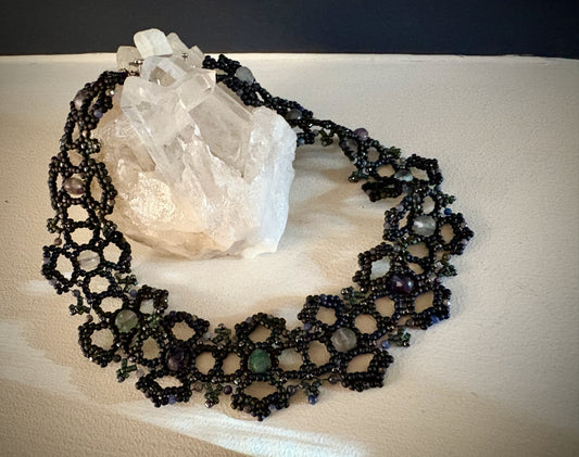 Roxelia Beadwork Choker Necklace - Fluorite and Sapphire