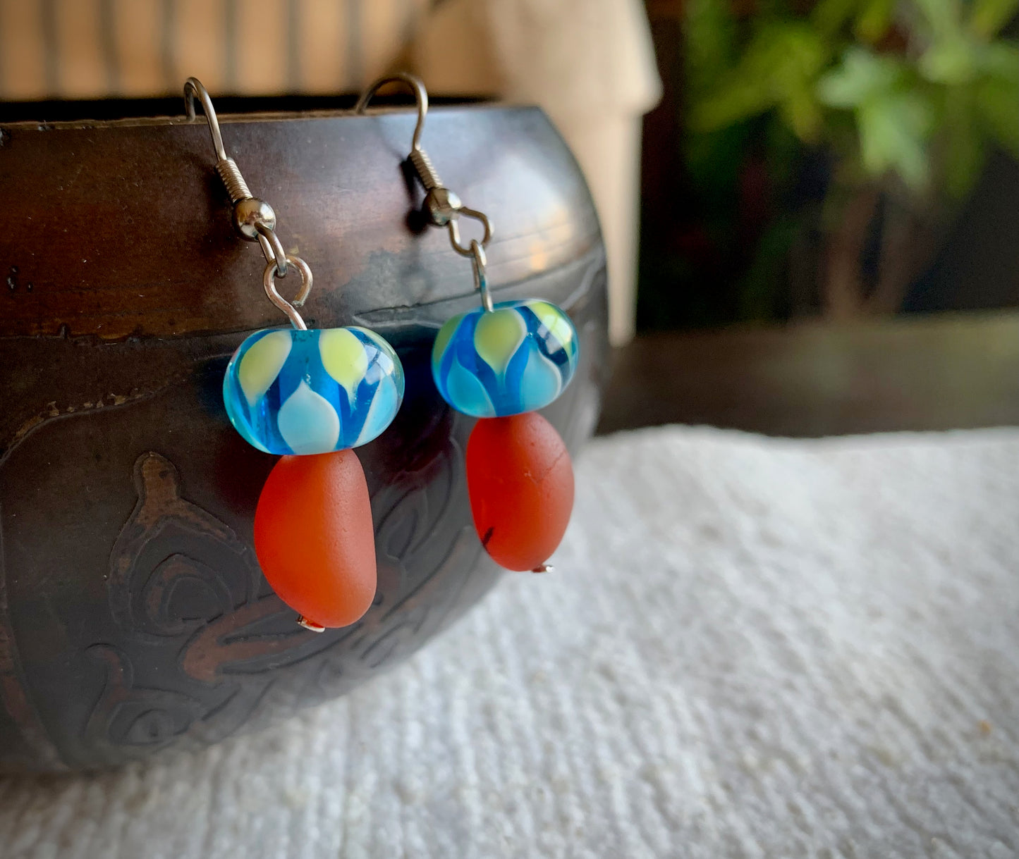 Carnelian and Lampwork Glass Mushroom Earrings