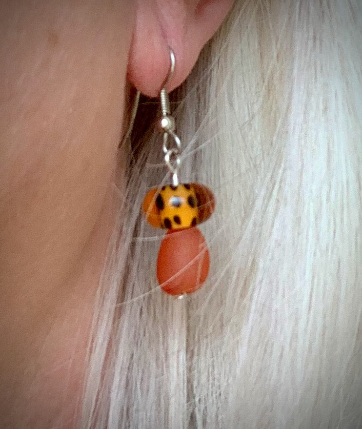 Carnelian and Lampwork Glass Mushroom Earrings