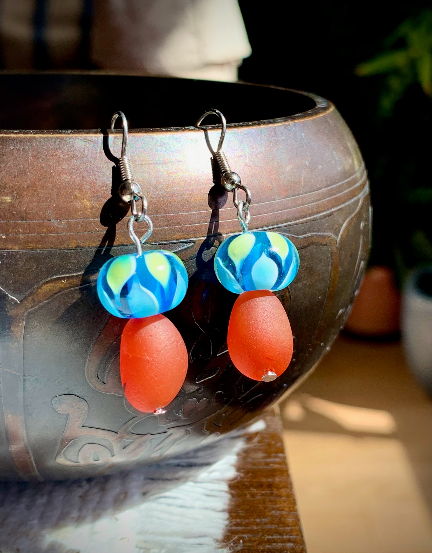 Carnelian and Lampwork Glass Mushroom Earrings