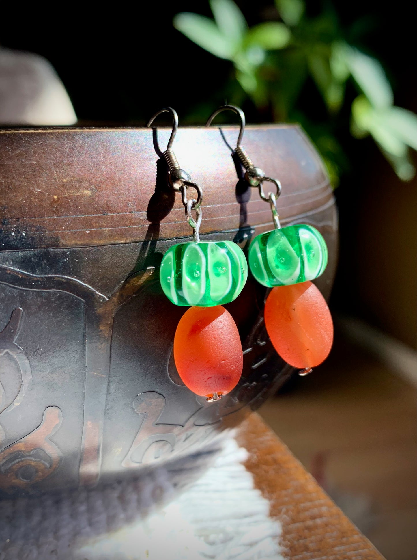 Carnelian and Lampwork Glass Mushroom Earrings