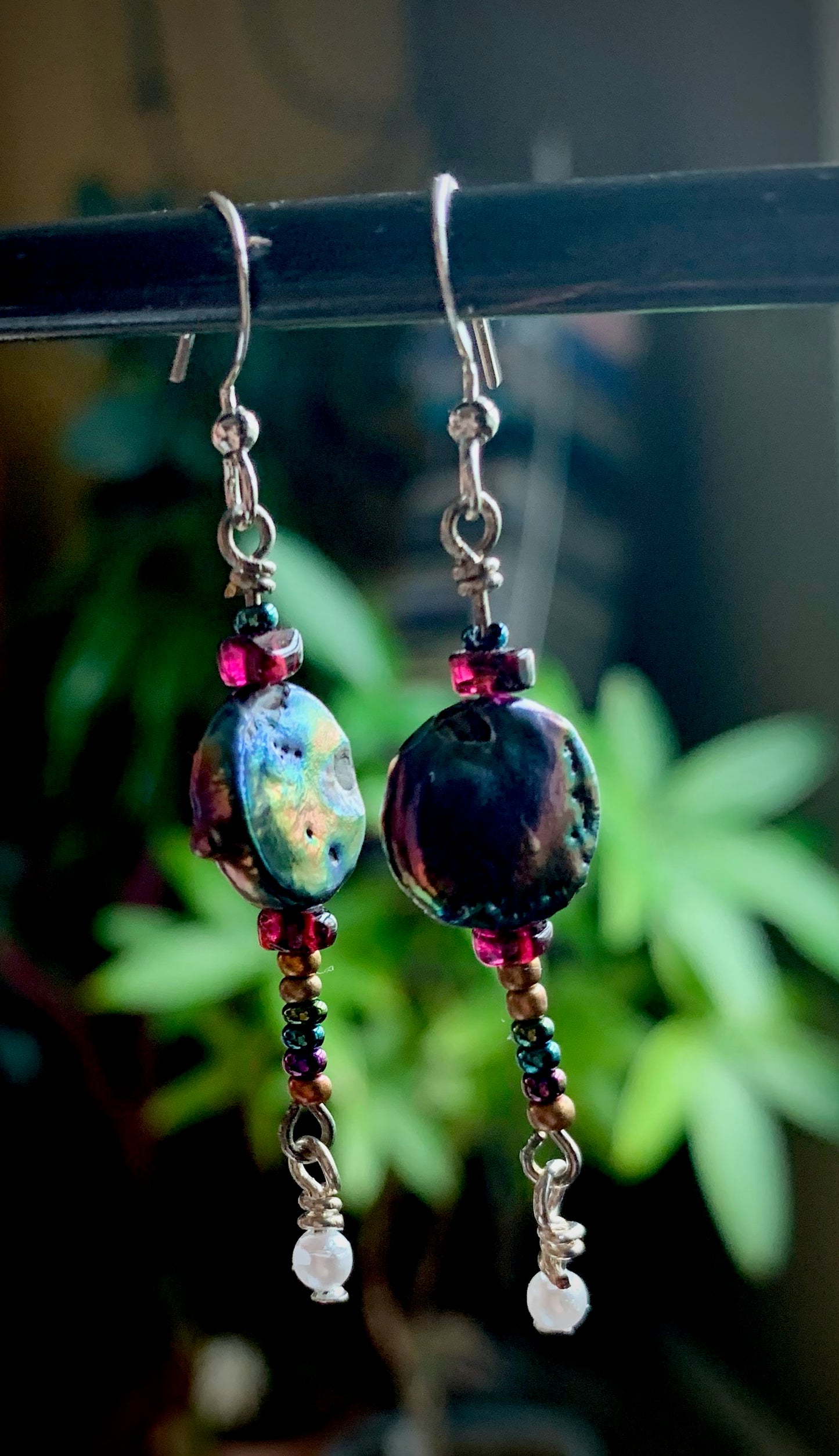 Rainbow Freshwater Pearl and Garnet Earrings