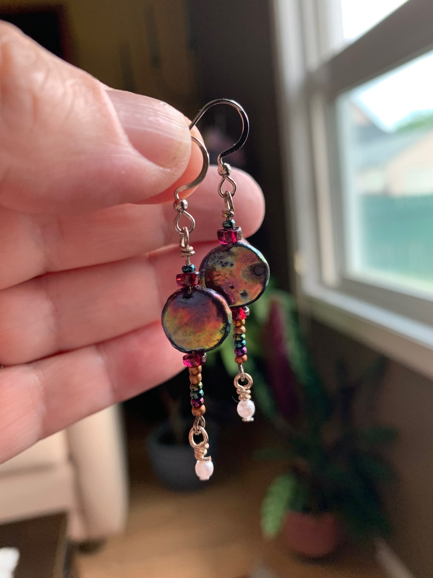 Rainbow Freshwater Pearl and Garnet Earrings