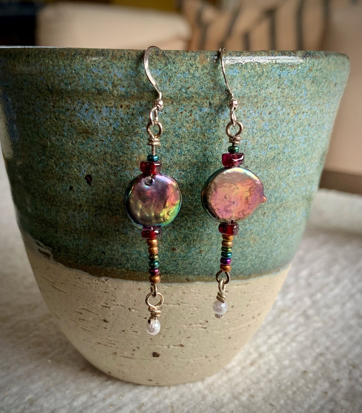 Rainbow Freshwater Pearl and Garnet Earrings