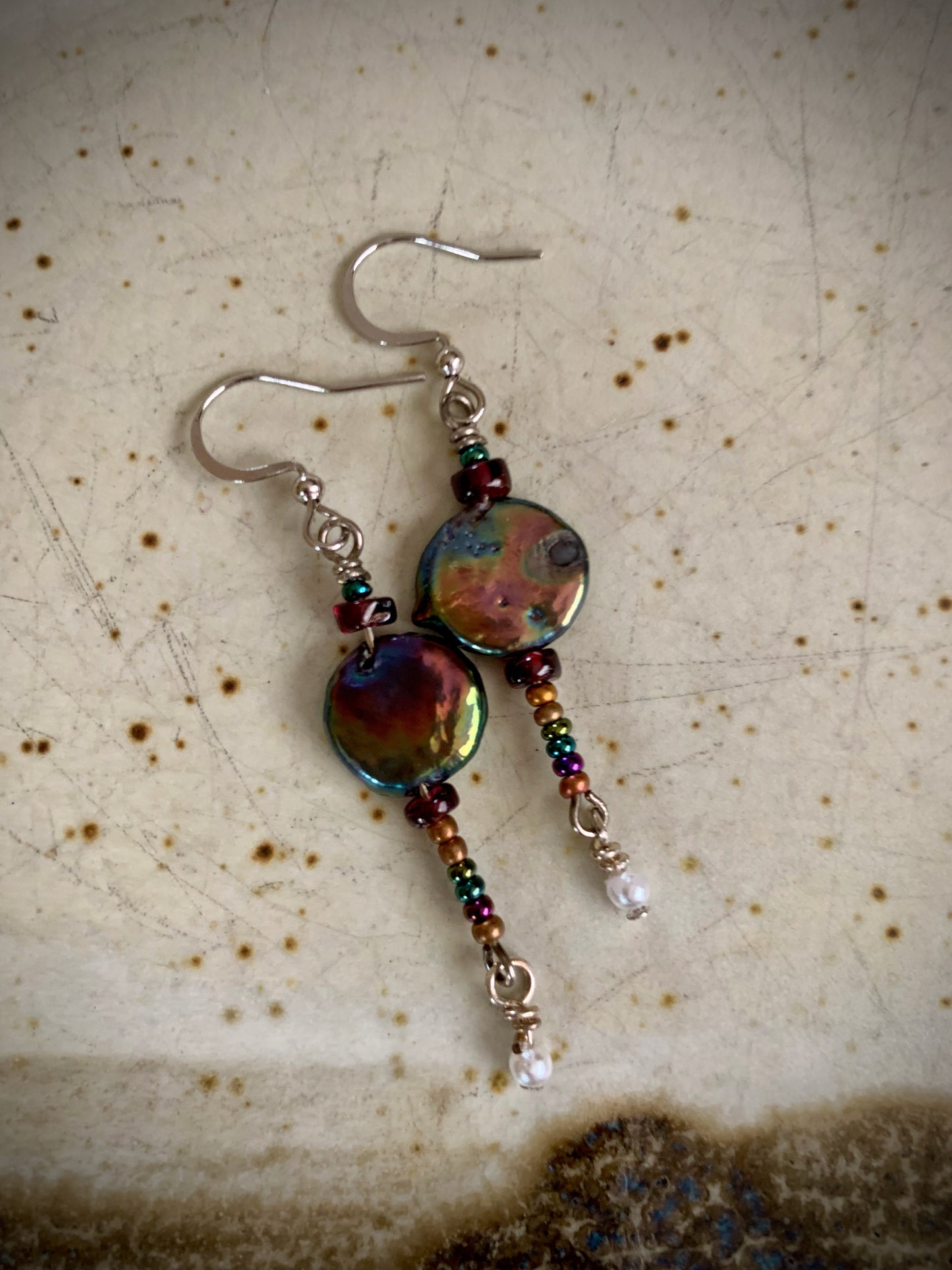 Rainbow Freshwater Pearl and Garnet Earrings