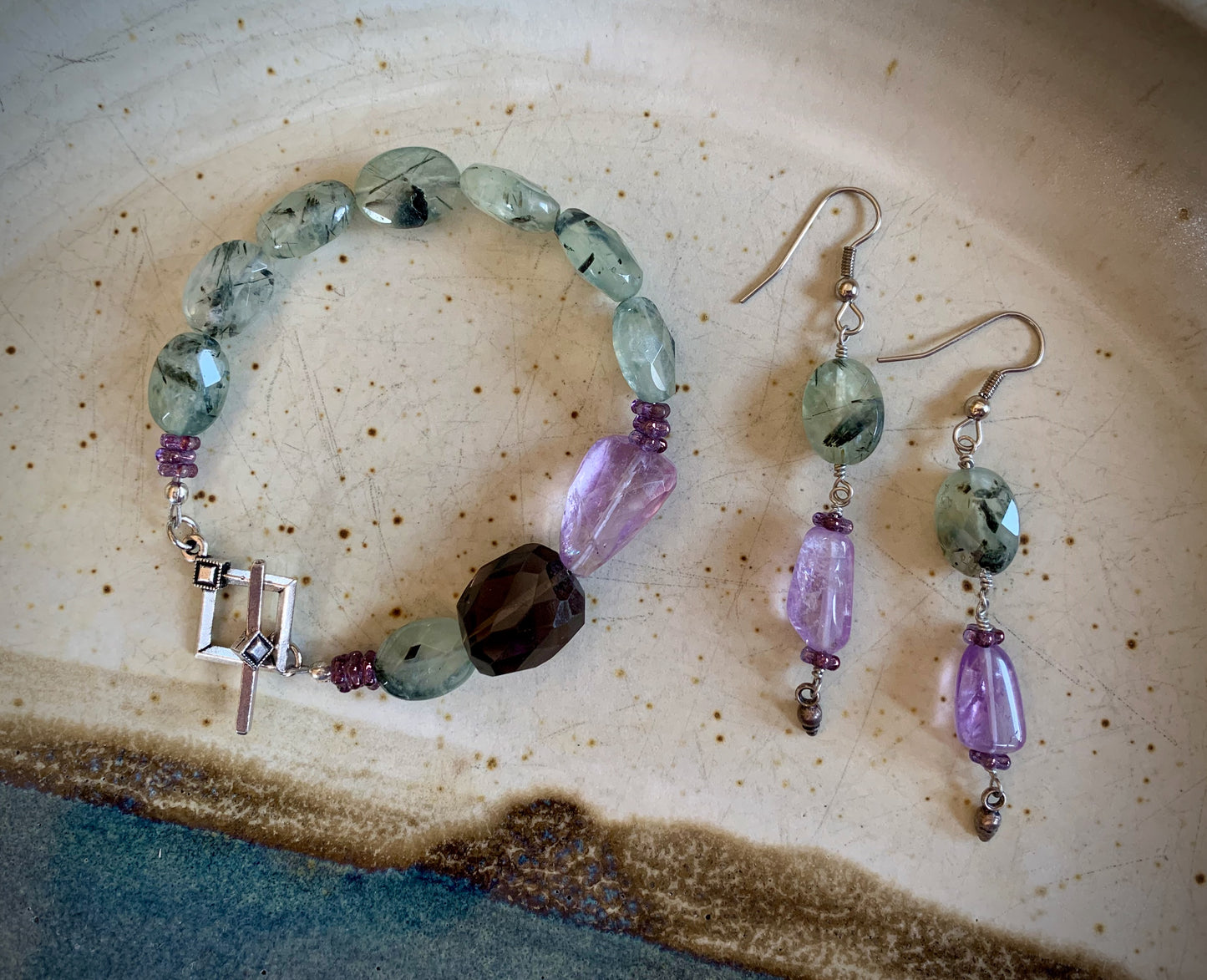 Tourmalinated Green Prehnite, Amethyst, Smoky Quartz Bracelet