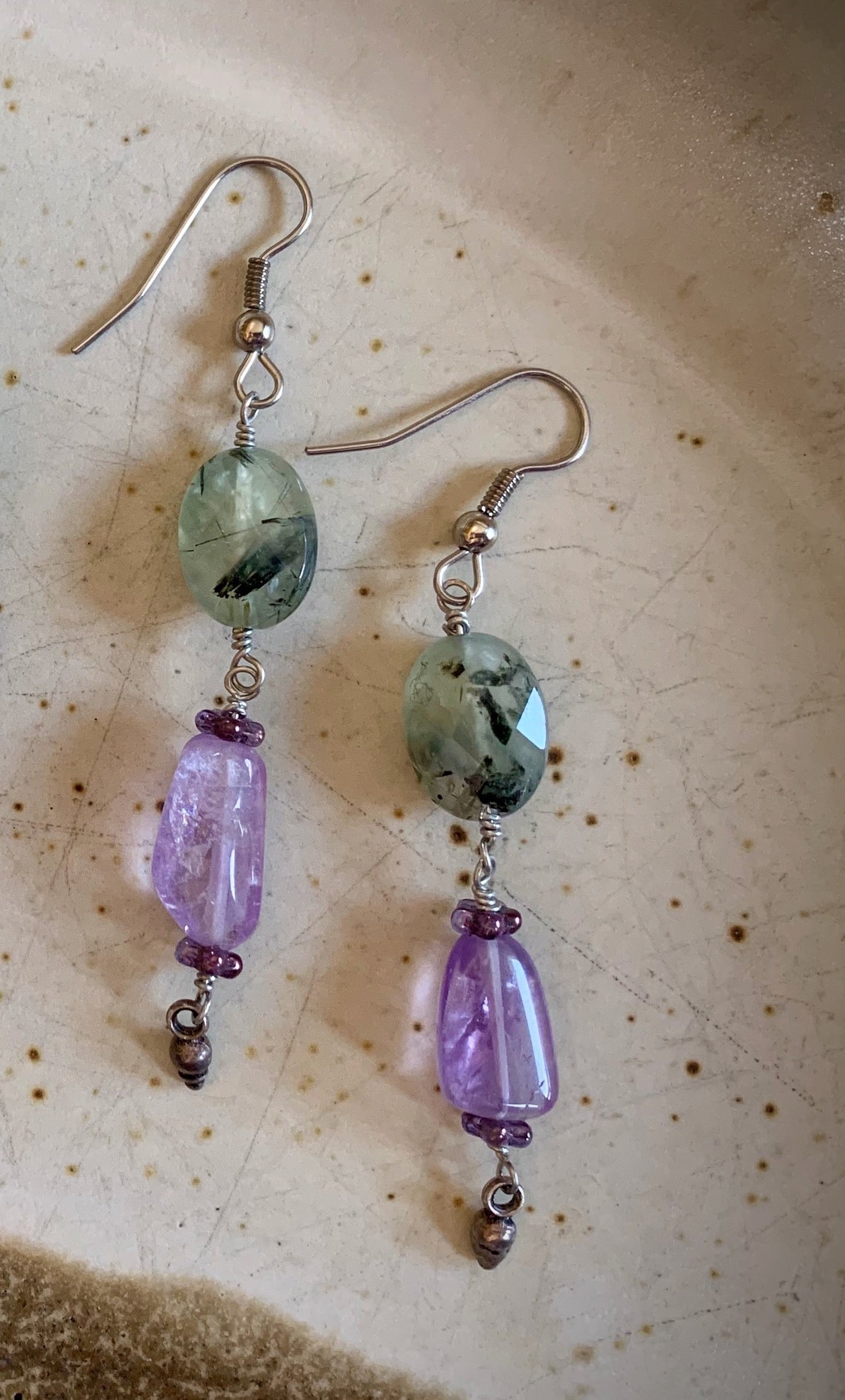 Tourmalinated Green Prehnite and Amethyst Earrings