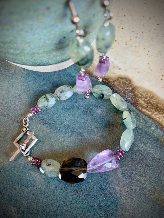 Tourmalinated Green Prehnite, Amethyst, Smoky Quartz Bracelet