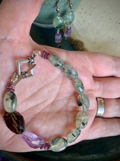 Tourmalinated Green Prehnite, Amethyst, Smoky Quartz Bracelet