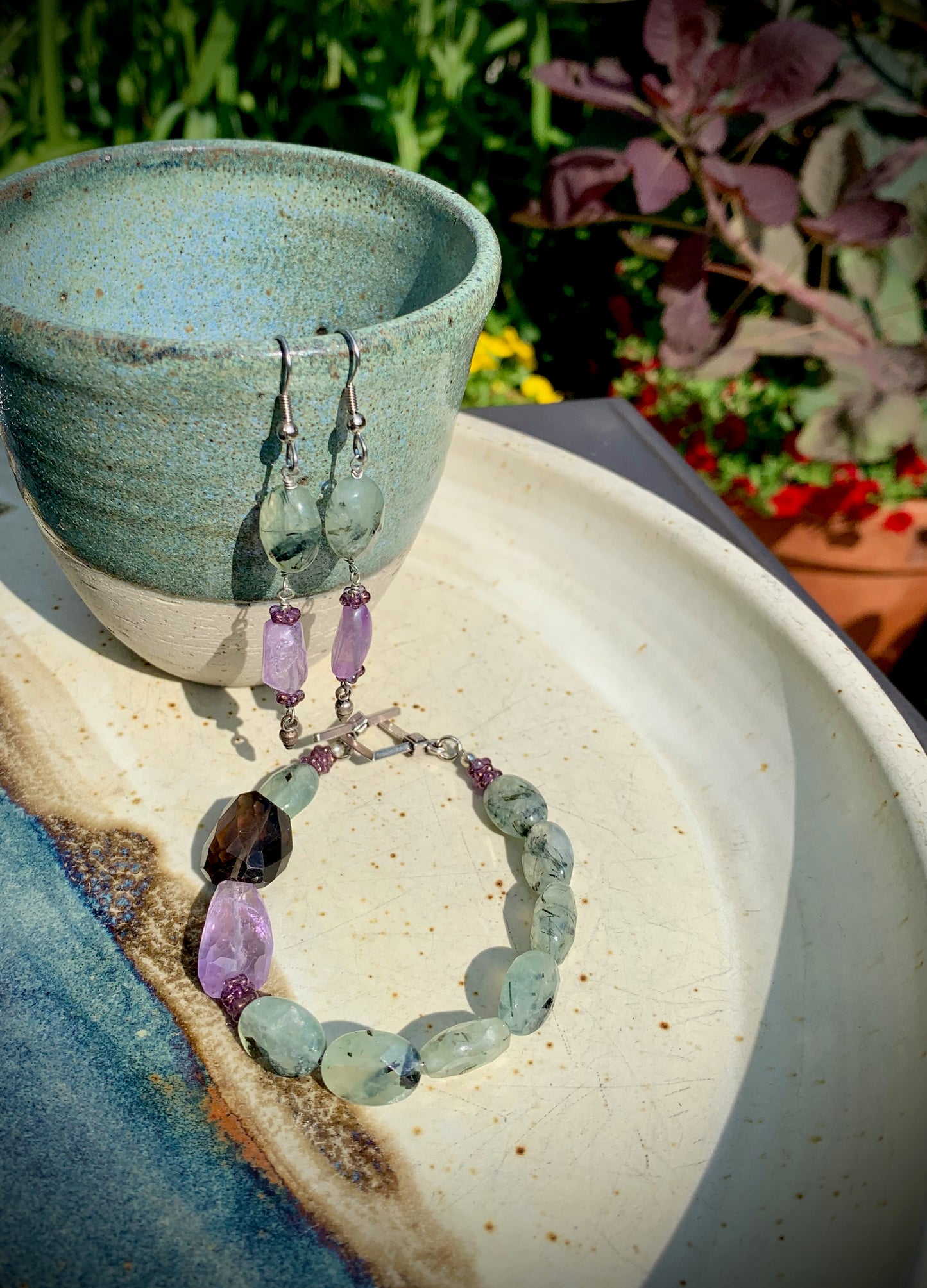 Tourmalinated Green Prehnite, Amethyst, Smoky Quartz Bracelet