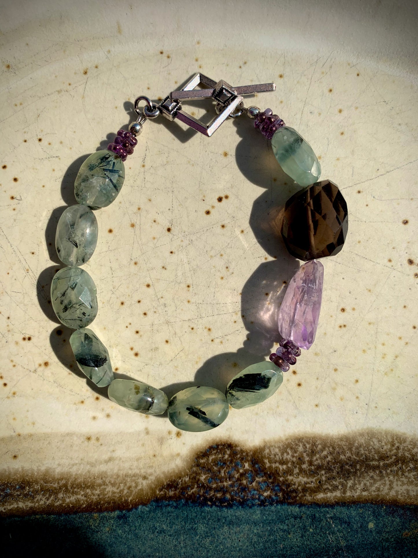 Tourmalinated Green Prehnite, Amethyst, Smoky Quartz Bracelet