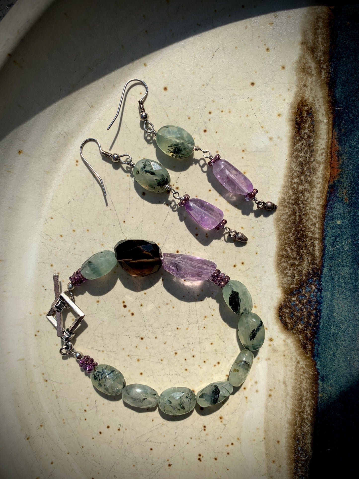 Tourmalinated Green Prehnite, Amethyst, Smoky Quartz Bracelet