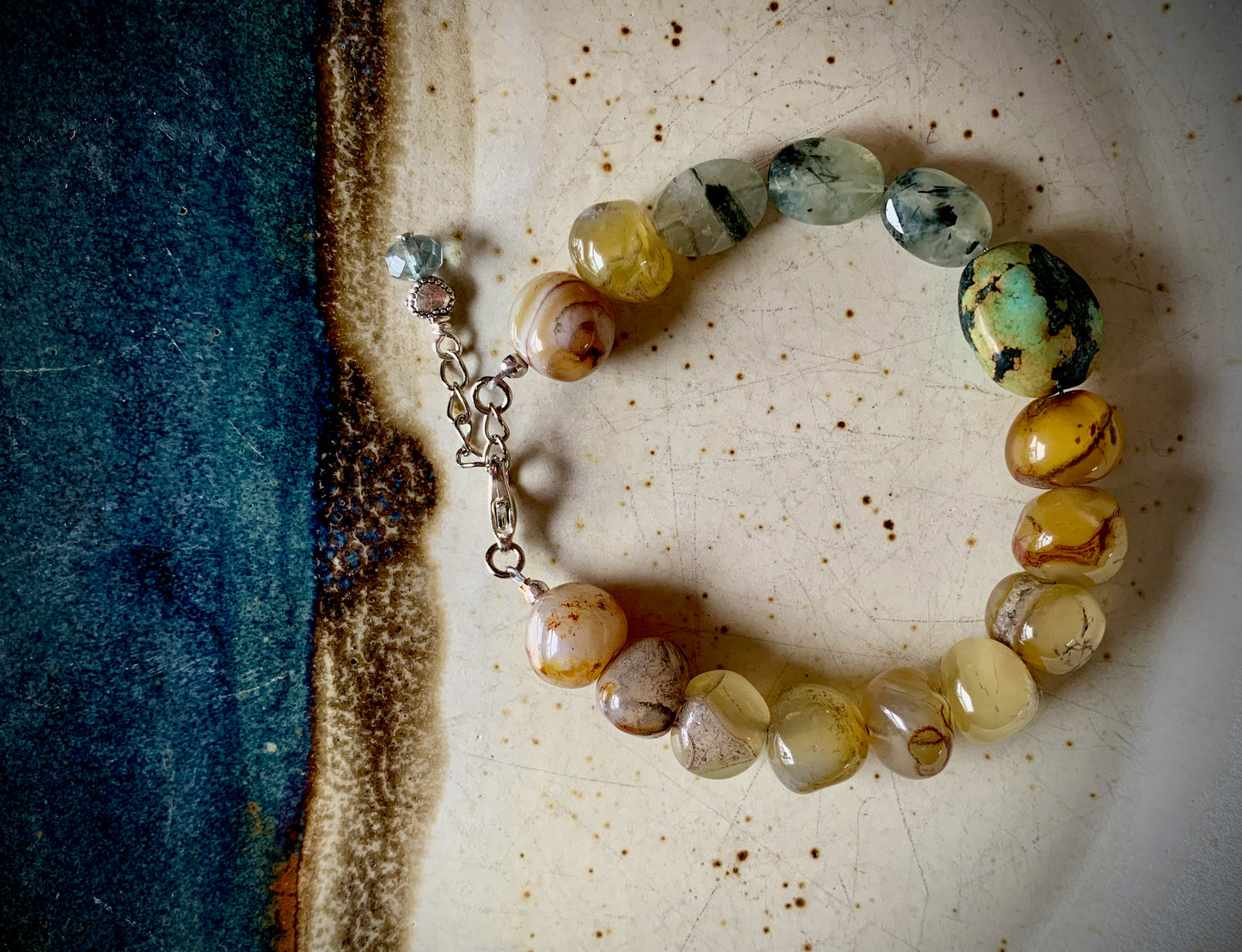 African Green Turquoise, Agate, and Tourmalinated Green Prehnite Bracelet