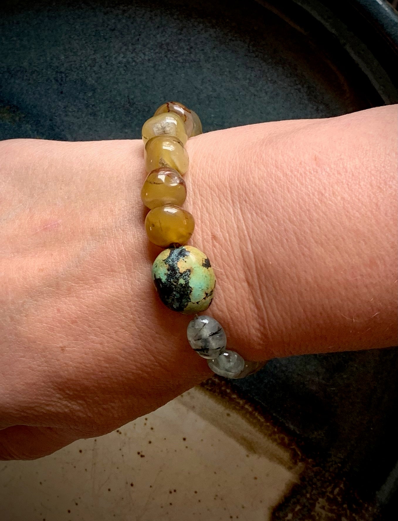 African Green Turquoise, Agate, and Tourmalinated Green Prehnite Bracelet