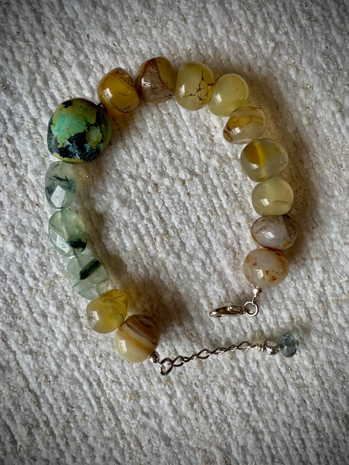 African Green Turquoise, Agate, and Tourmalinated Green Prehnite Bracelet