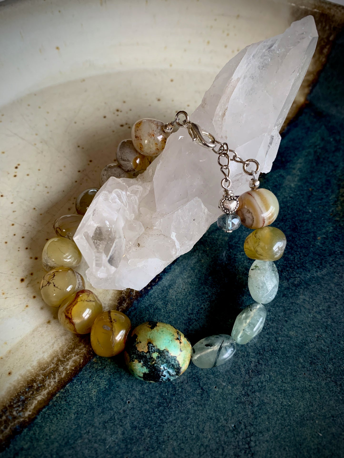 African Green Turquoise, Agate, and Tourmalinated Green Prehnite Bracelet