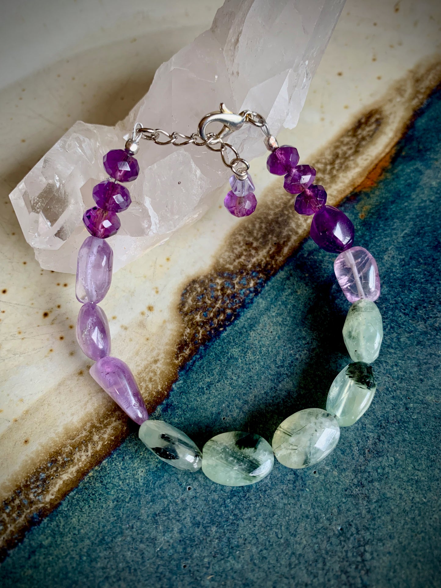 Amethyst and Tourmalinated Green Prehnite Bracelet