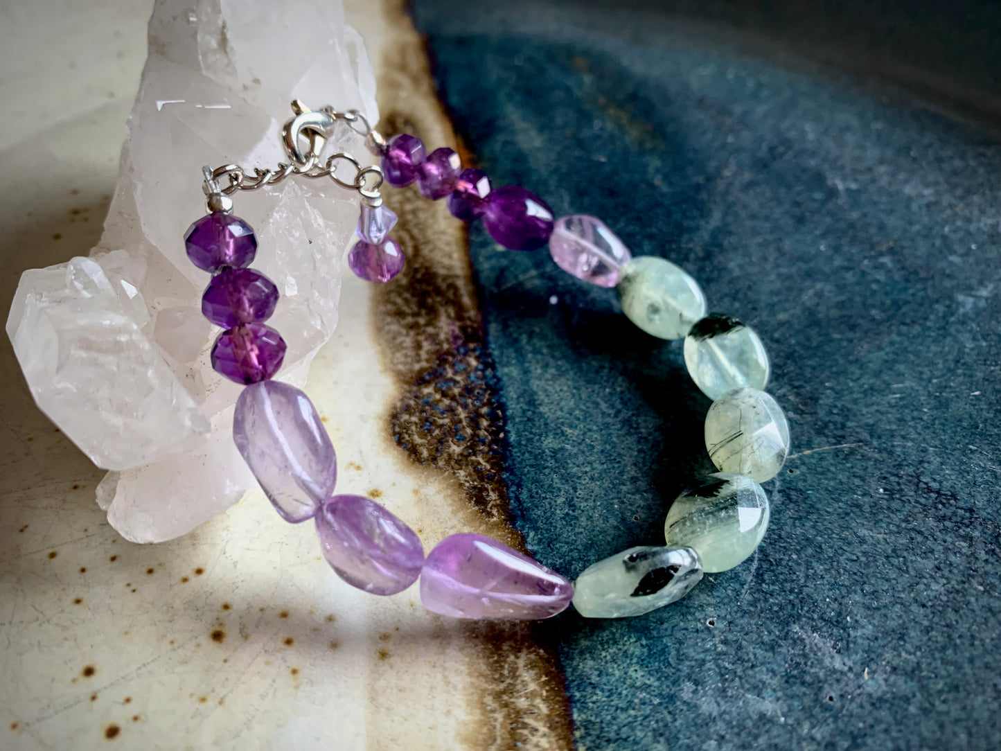 Amethyst and Tourmalinated Green Prehnite Bracelet