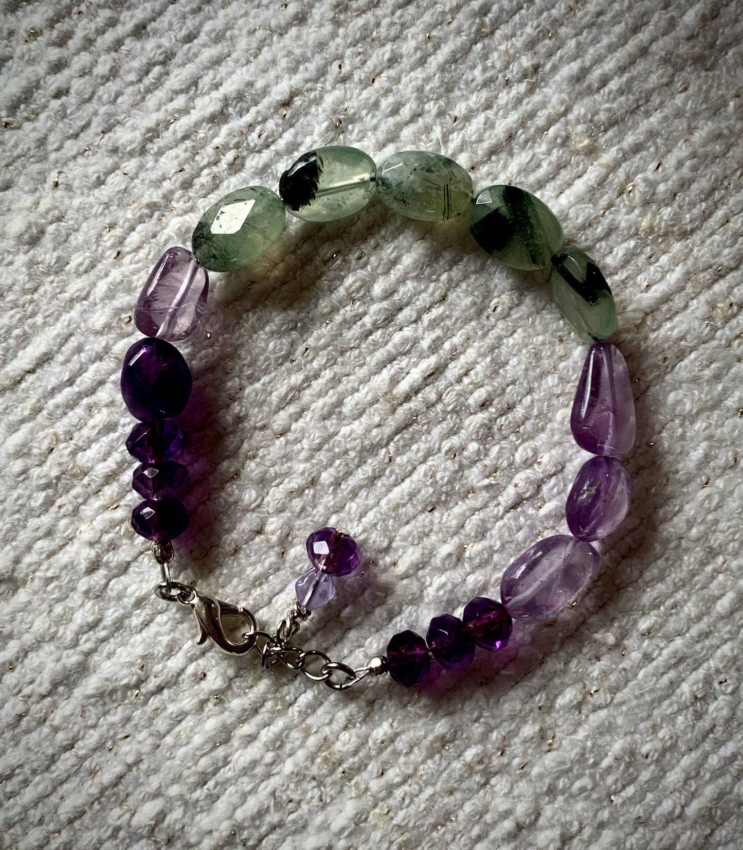 Amethyst and Tourmalinated Green Prehnite Bracelet