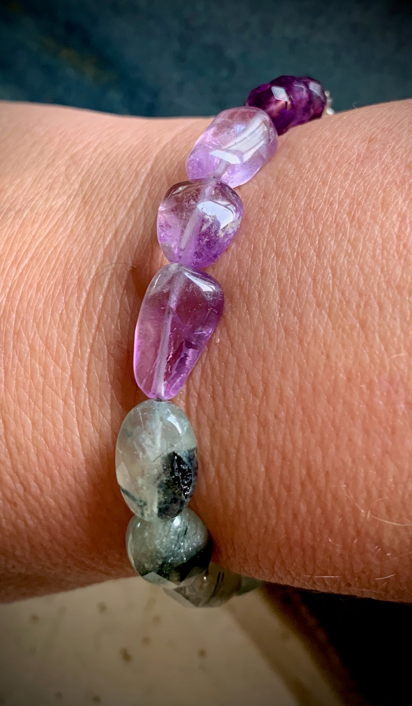 Amethyst and Tourmalinated Green Prehnite Bracelet