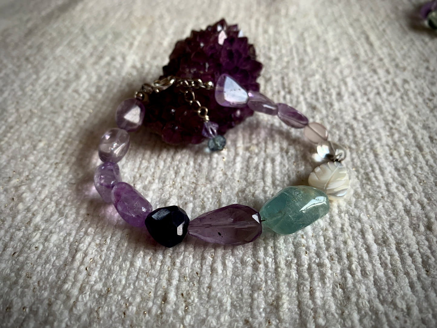 Amethyst, Aquamarine, and Mother of Pearl Bracelet