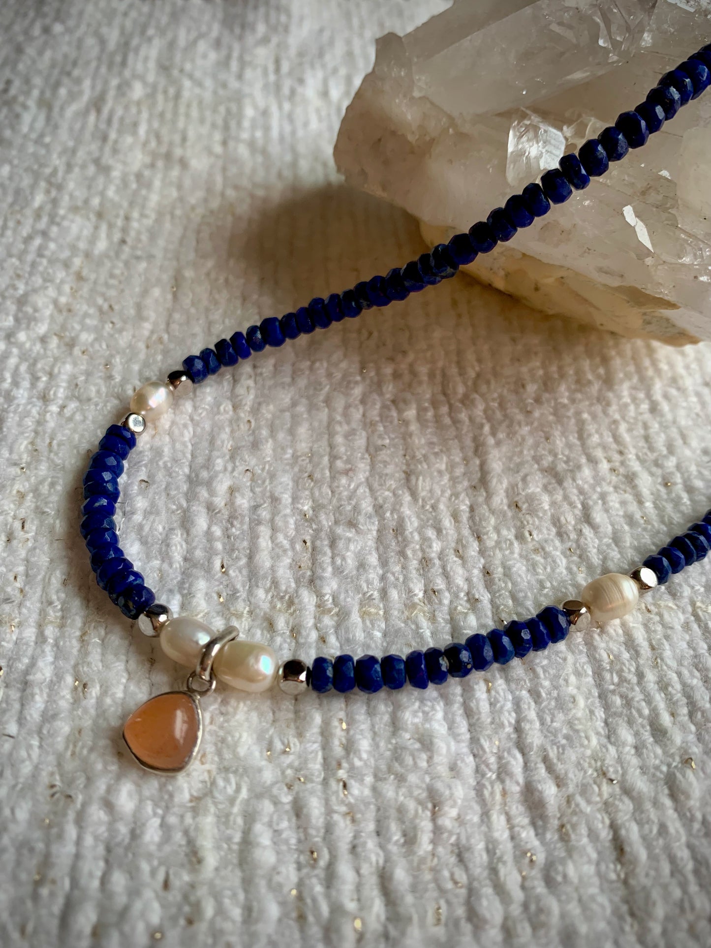 Lapis Lazuli, Peach Moonstone, and Freshwater Pearl Choker Necklace