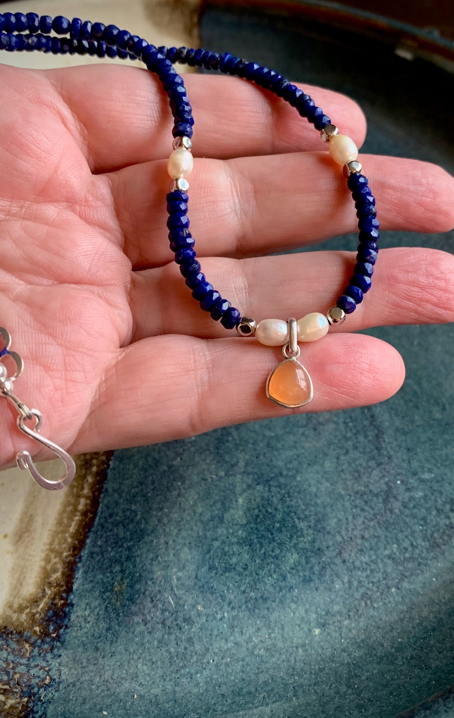 Lapis Lazuli, Peach Moonstone, and Freshwater Pearl Choker Necklace