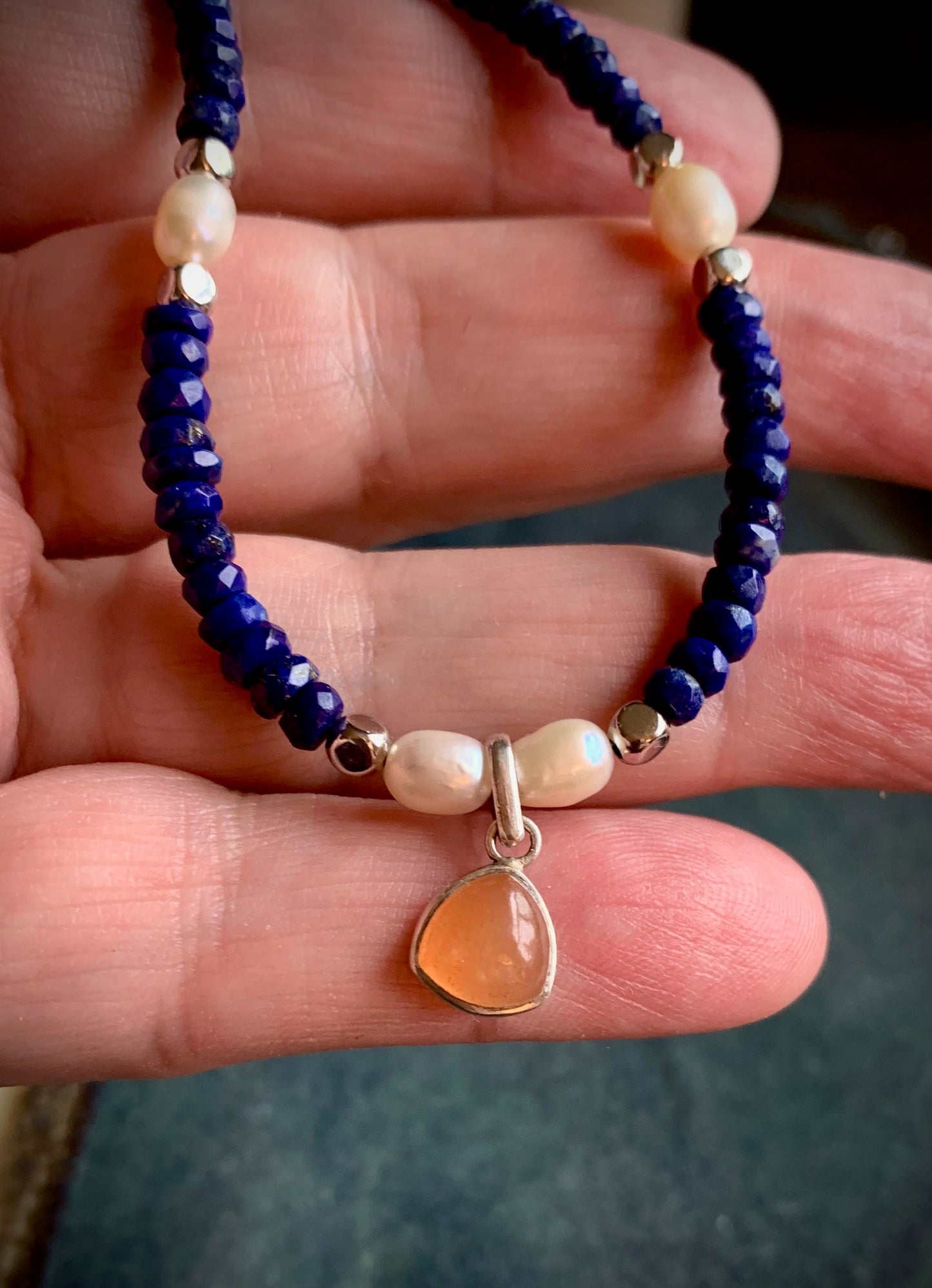 Lapis Lazuli, Peach Moonstone, and Freshwater Pearl Choker Necklace