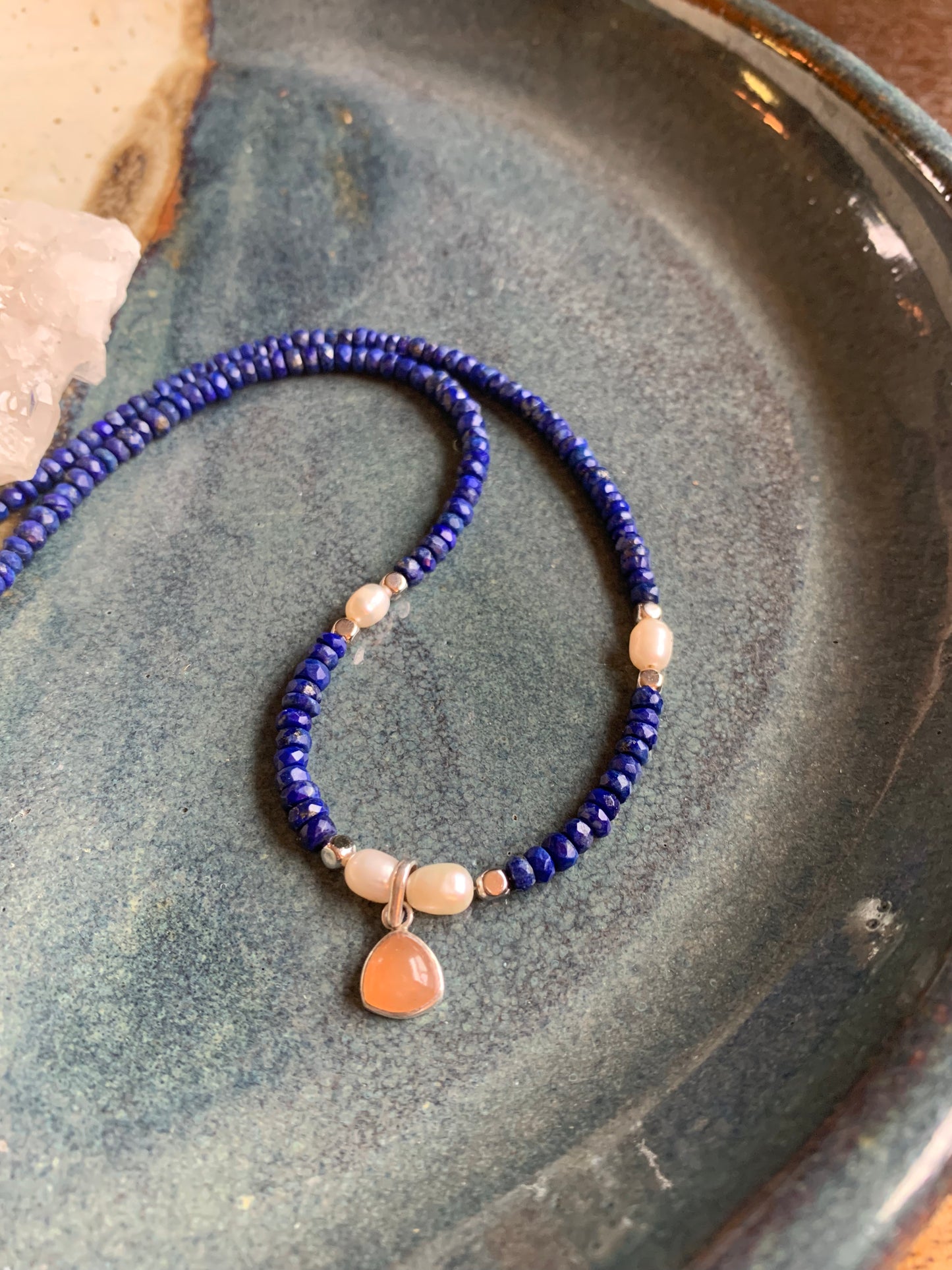 Lapis Lazuli, Peach Moonstone, and Freshwater Pearl Choker Necklace